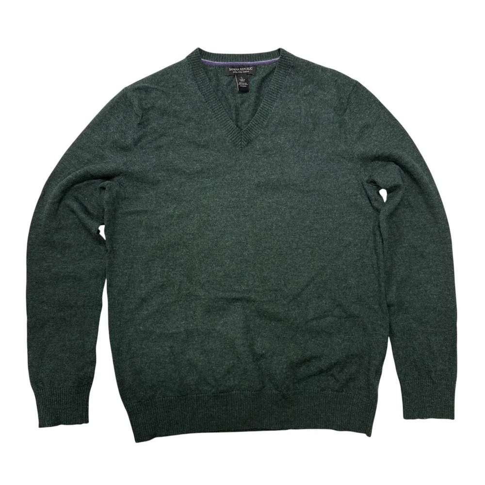 Banana Republic Sweater Mens Large Extra Fine Merino‎ Wool V-Neck Moss Green